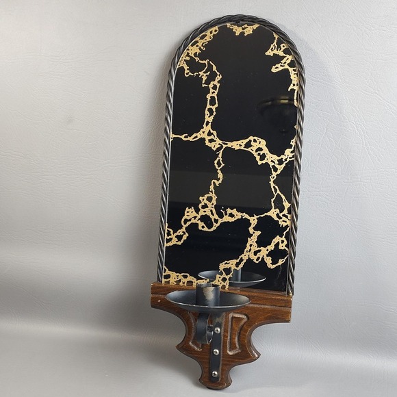 Homco Other - Vintage MCM‎ Iron Rope Wooden Wall Sconce Candlestick Holder Gold Vein Mirror